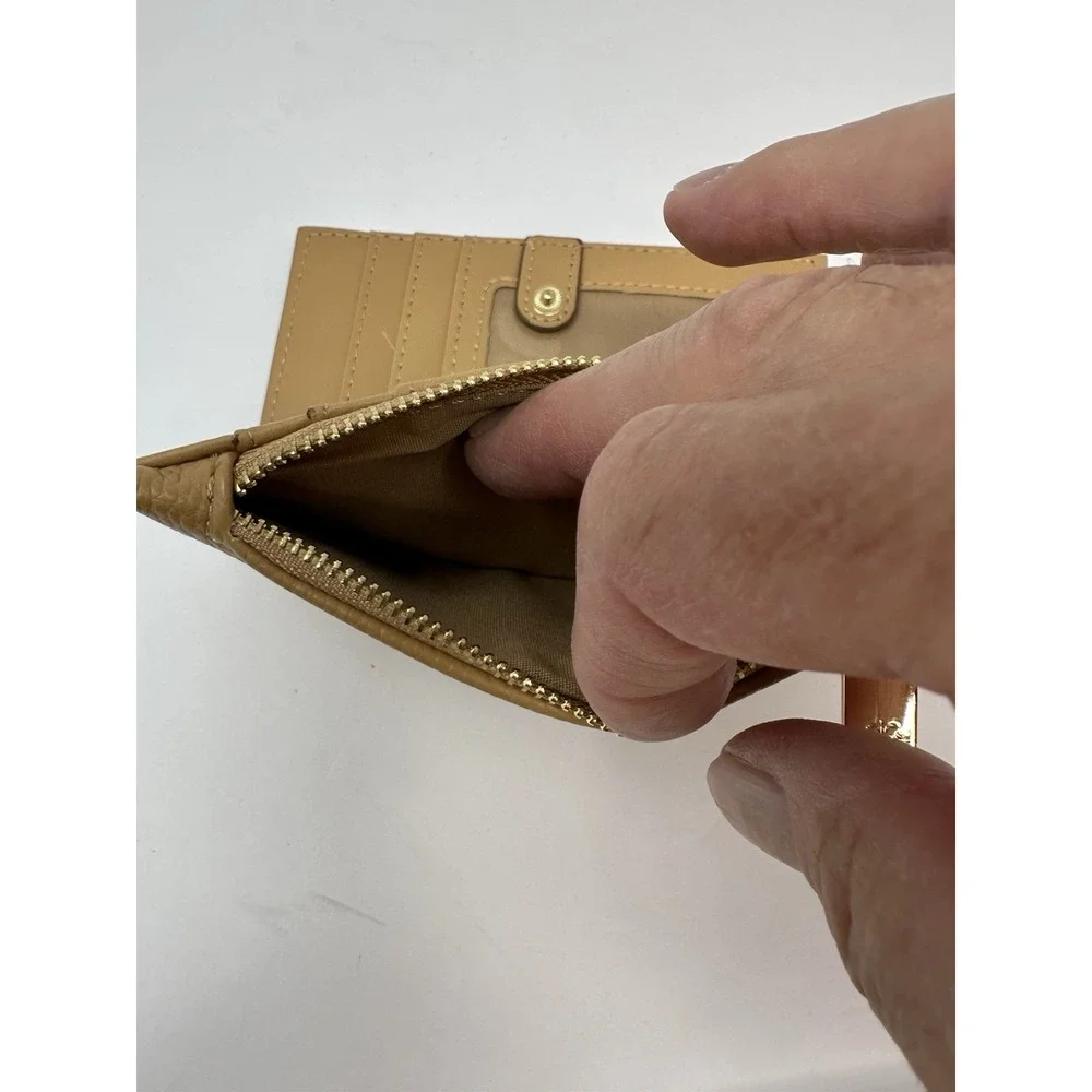 Nanette Lepore Pebbled Vegan Leather Slim Card Case Zip Wallet Wristlet Camel